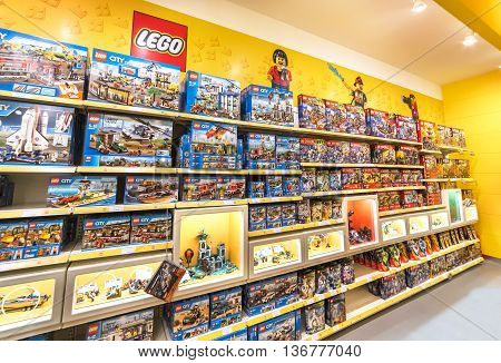 KUALA LUMPUR MALAYSIA - MAY 30 2016: LEGO Shop at the Setia City Mall Setia Alam. LEGO is a popular line of construction toys manufactured by The Lego Group.