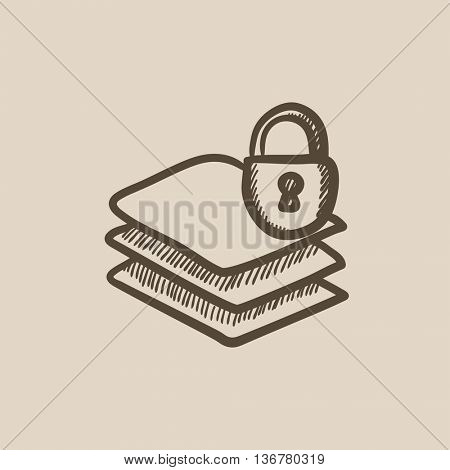 Stack of papers with lock vector sketch icon isolated on background. Hand drawn Stack of papers with lock icon. Stack of papers with lock sketch icon for infographic, website or app.