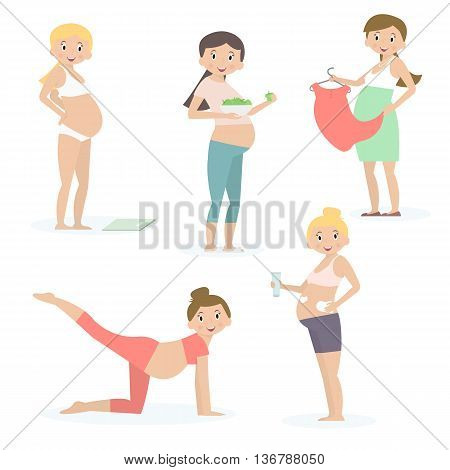 Pregnant women health care yoga nutrition shopping. Vector illustration