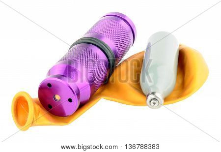 Nitrous oxide legal high equipment including canisters and balloon isolated on a white background