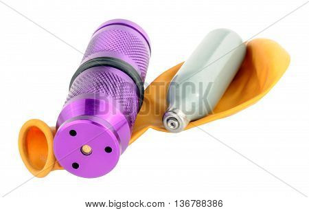 Nitrous oxide legal high equipment including canisters and balloon isolated on a white background