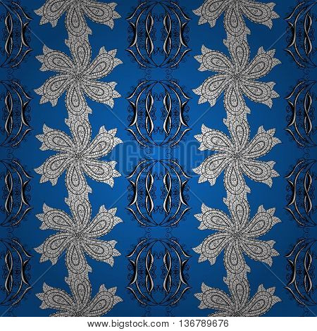 Seamless wallpaper pattern in vintage style on blue background.