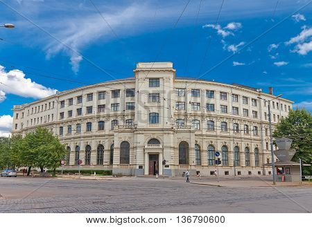 RIGA LATVIA - JUNE 29 2016: Minor building (circa 19th c.) of University of Latvia on the Aspazijas (former Theater) Boulevard in Riga. Hosts Faculty of Economics and Management