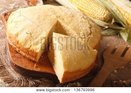 Homemade Fresh-baked Corn Bread Close-up. Horizontal