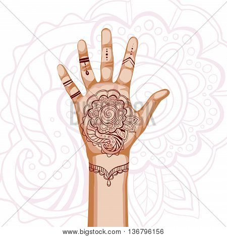 Hand with indian ethnic mehendi ornament. Vector illustration