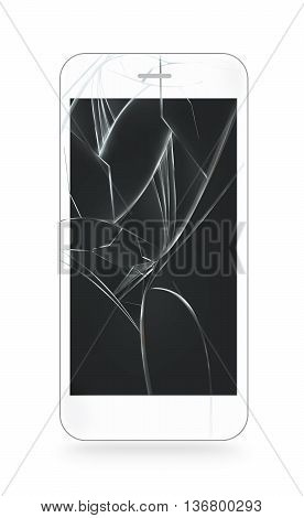 White broken mobile phone screen isolated 3D illustration. Smartphone monitor damage mock up. Cellphone crash and scratch. Telephone fail. Display glass hit. Device destroy problem. Smash gadget. Need repair.