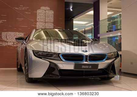 BANGKOK THAILAND - JANUARY 07 2016 : BMW i8 car on display at the Siam Paragon Mall in Bangkok. With 300000 sqm of retail space Siam Paragon is one of the world's largest malls.
