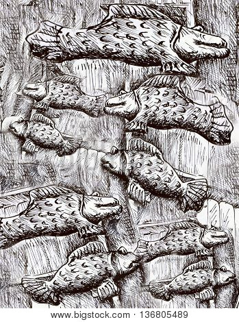 many black and white fishes, fish pattern drawing.