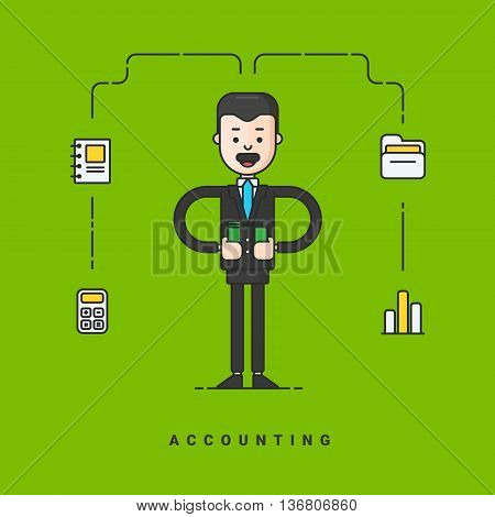 Businessman cartoon character. Business concept for accounting. Flat style vector illustration. Thin line icons