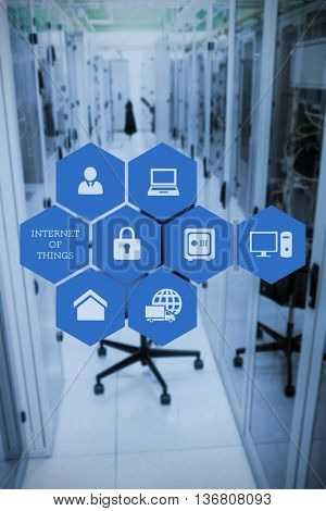 Smartphone apps icons against swivel chair in front of data center