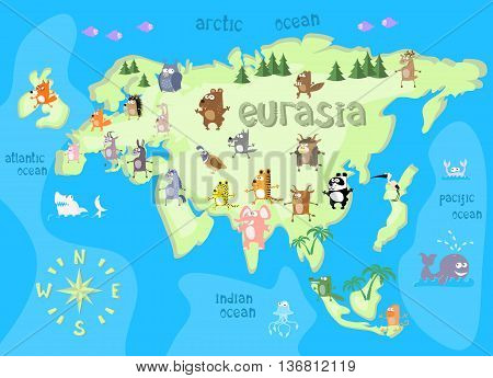 Concept design map of eurasian continent with animals drawing in funny cartoon style for kids and preschool education. Vector illustration