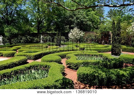 New Bern North Carolina - April 24 2016: Clipped Boxwood hedges line brick pathways in the Maude Moore Latham Memorial Knot Garden at 1770 Tryon Palace