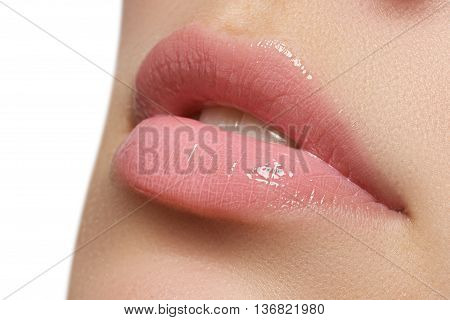 Beautiful Full Pink Lips. Lipstick. Professional Make-up