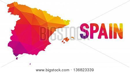 Low Polygonal Map Of Spain In Warm Colors, Mosaic Abstract Geometry Cartography