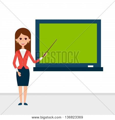 Business Lecture with Pointer and Presentation Board. Vector Illustration of Businesswoman People Character isolated over White. Flat Style Education Concept.