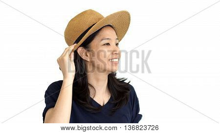 Casual Friendly Asian Girl Wearing Hat Relaxing And Smiling On Isolated Background