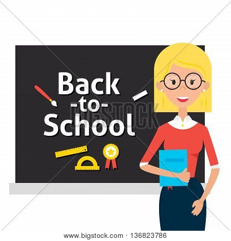 Teacher With Glasses And Book And Back To School Blackboard