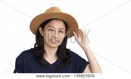 Casual Friendly Asian Girl Wearing Hat Relaxing And Smiling On Isolated Background
