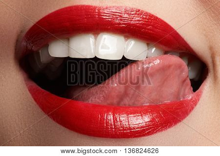 Close-up Happy Female Smile With Healthy White Teeth, Bright Red Lips Make-up