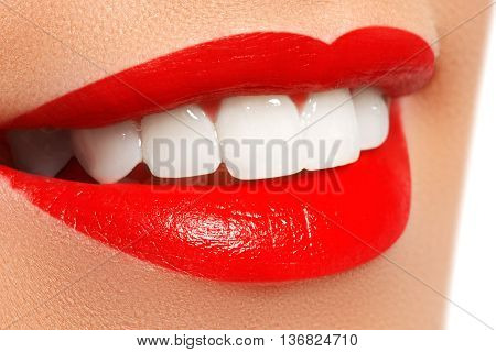 Close-up Happy Female Smile With Healthy White Teeth, Bright Red Lips Make-up