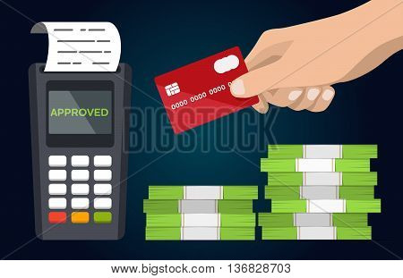 POS terminal with hand and credit card flat icon. Business and commerce illustration