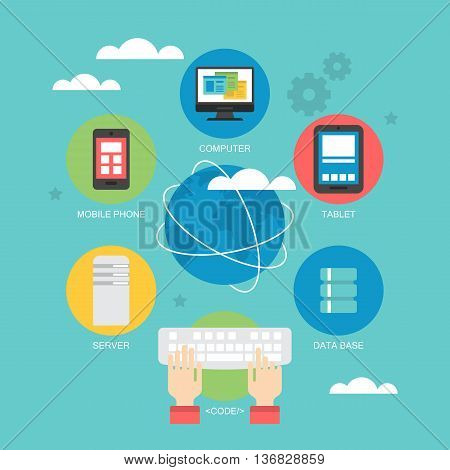 Flat icon design for cloud computing and global network concept