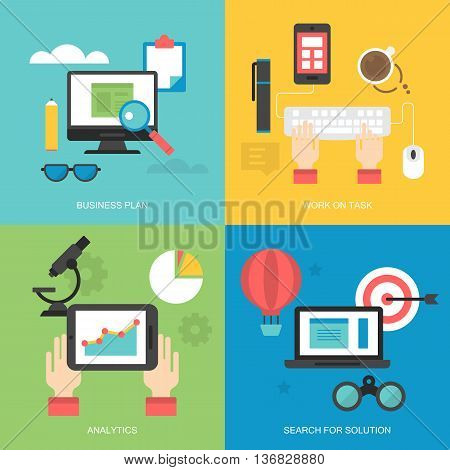 Flat icons design for web services: business plan work on task analytics and search for solution