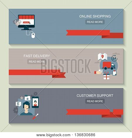Website header design for online shoping fast delivery customer support and e-commerce concept with flat icons