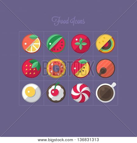 Food flat icons design of fruits and candies