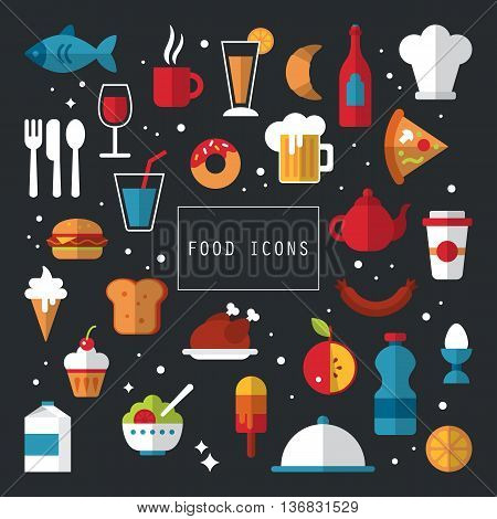 Food flat icons design for stylish menu or web application