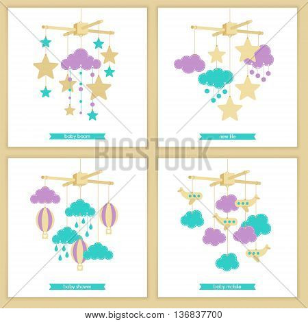 Childbirth card. Baby shower invitation. Vector baby mobile for baby card design. Vector hanging baby toy. Isolated baby mobile set.