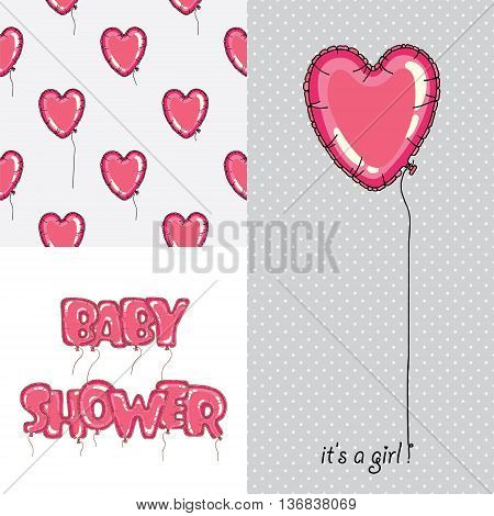 Adorable baby shower set. Baby shower invitation. Vector seamless pattern for baby shower card design. Vector seamless kids pattern. Cute balloon baby shower pattern.
