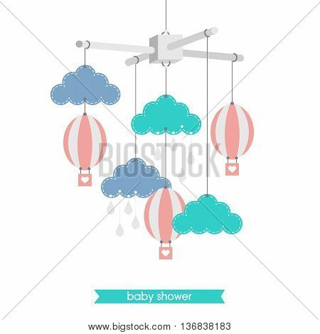 Newborn card. Illustration of baby mobile: clouds and balloons. Isolated baby mobile baby shower. Vector baby mobile.