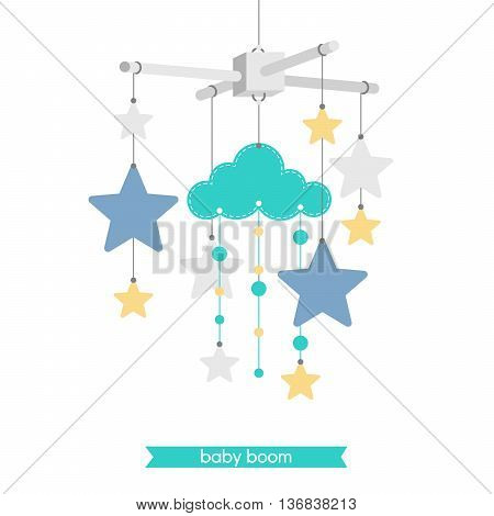 Newborn card. Illustration of baby mobile: stars and cloud. Isolated baby mobile for baby shower. Vector baby mobile.