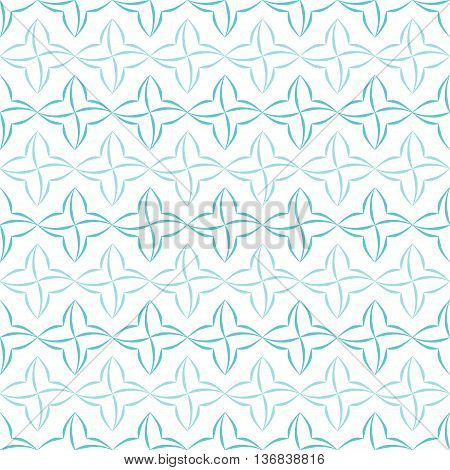 Pattern of light blue stylized four-petal flowers set in horizontal stripes on white background. Seamless repeat.