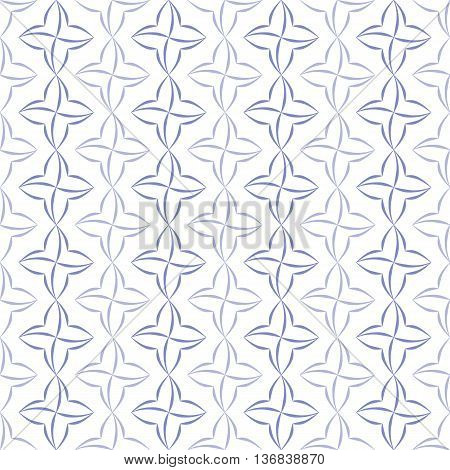 Pattern of violet stylized four-petal flowers set in verticall stripes on white background. Seamless repeat.