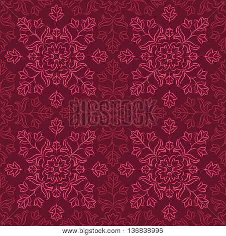 Traditional Indian pattern with round floral elements in shades of purple. Seamless repeat.