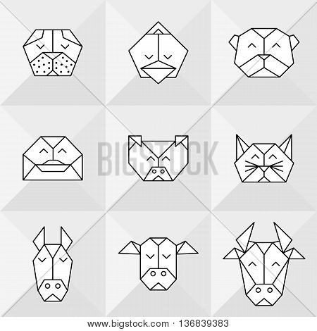 Stylized front view animal heads. Animal polygonal heads. Vector low poly animals. Low poly line design icon set. Vector low poly animals for tattoo. Low poly farm animals collection.