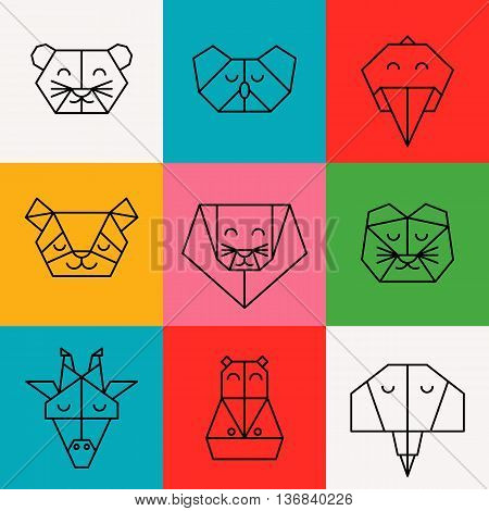 Stylized front view animal heads. Animal triangle icon set. Vector polygonal animals. Geometric line design icon set. Vector polygonal animals for tattoo or coloring book. Jungle animals collection.