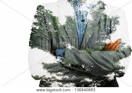 Double Exposure Of Businessman With Big Tree And Leaf As Business Team Work Concept