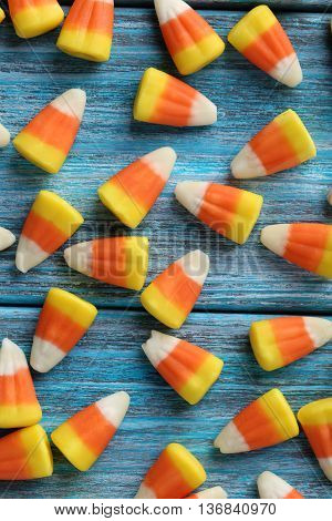 Halloween Candy Corns On Blue Wooden Background