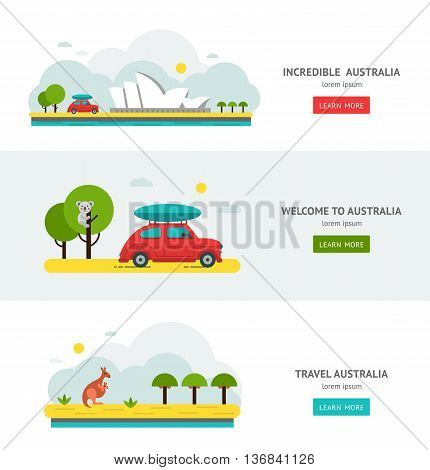 Australia road trip flat design web banners. Welcome to car travel. Incredible Australian nature, architecture Australias National symbols. Koala, kangaroo, Sydney opera. Vector illustration.