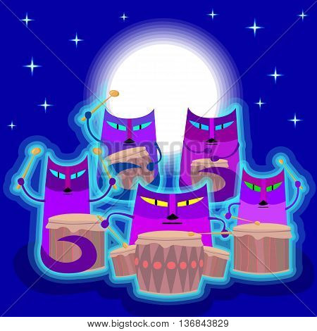 Cats play the drums. Cats are sitting on the background of the starry sky above their heads shines full moon.