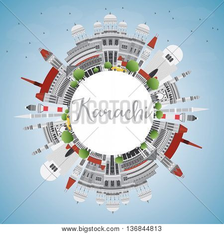 Karachi Skyline with Gray Landmarks, Blue Sky and Copy Space. Business Travel and Tourism Concept with Historic Buildings. Image for Presentation Banner Placard and Web Site.