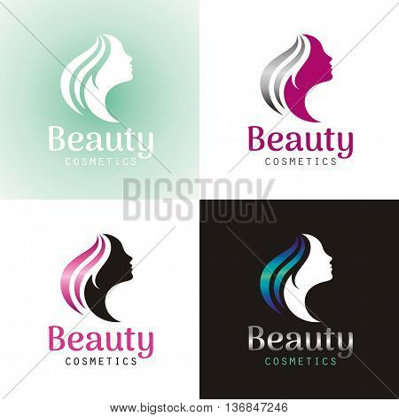 Elegant luxury logo with beautiful face of young adult woman with long hair. Sexy symbol silhouette of head with text lettering