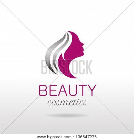 Elegant luxury logo with beautiful face of young adult woman with long hair. Sexy symbol silhouette of head with text lettering
