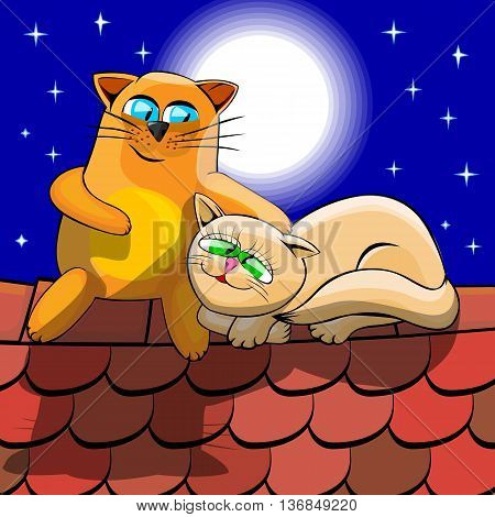 Red and white cats cuddling at night on a tiled roof. Cats are sitting on the background of the starry sky above their heads full moon shines. Cartoon vector illustration with isolated objects.