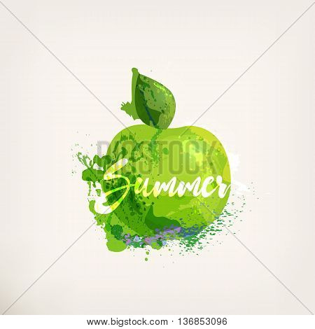 Watercolor green apple with lettering. Apples ink painting. Sweet fruit.Colloorful paint blots and stains. Hand drawn concept for your logo, farmers market, organic food, package design, herbal tea