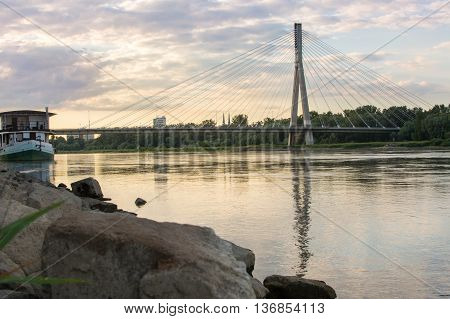 Holy Cross Bridge Over Vistula River In Warsaw Poland