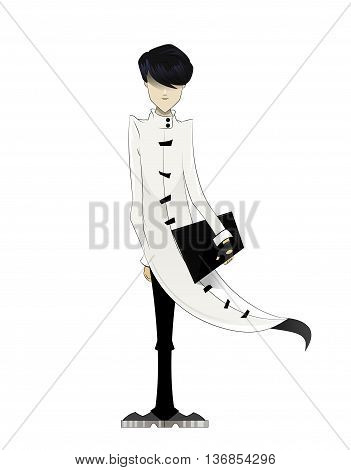 Programmer, coder, hacker, designer in long white cloak with laptop in hand. Manga style. Vector illustration on white background